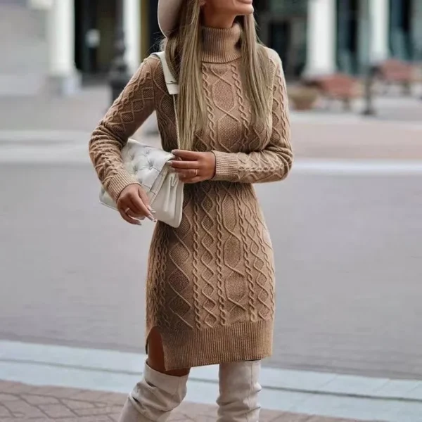 Sweater Dress: High Neck Long Sleeve Wrap Skirt - Image 3