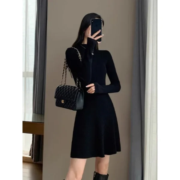 Women’s Knitted A-Line Mini Black Dress Slim Fit Winter Base Layer - Image 3