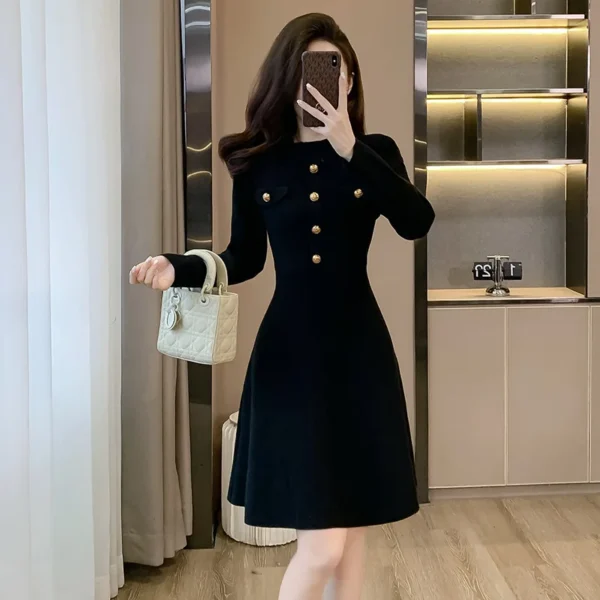 Sweater Dress Black A-Line Long Sleeve Buttons Elegant - Image 5