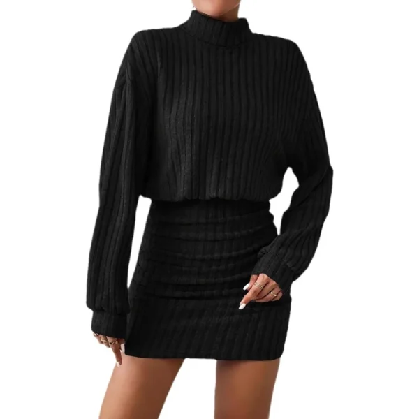 Women's Black Sweater Dress, High Neck, Slim Fit - Image 6