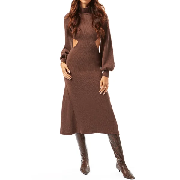 Sweater Dress: Ribbed High Neck, Puff Sleeve, Cutout Waist - Image 5