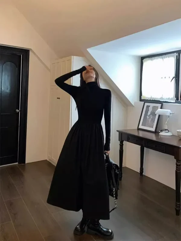 Sweater Dress Black Slim Fit Elegant Long Dress