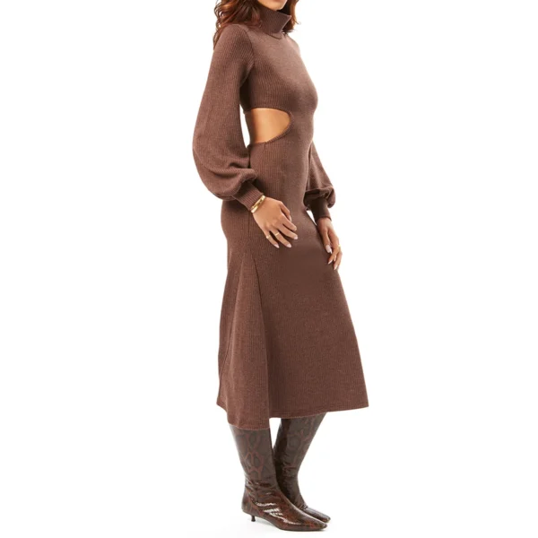 Sweater Dress: Ribbed High Neck, Puff Sleeve, Cutout Waist - Image 4
