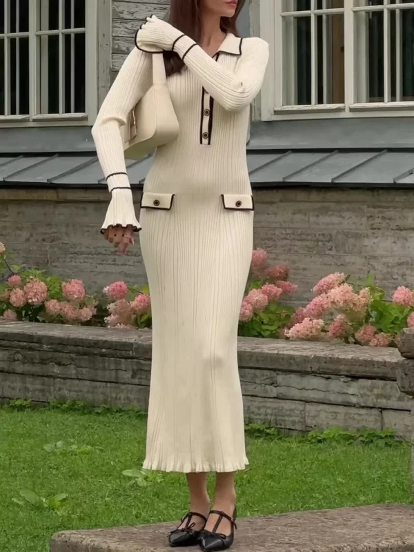 Sweater Dress High Waist Ruffles Turn-Down Collar - Image 4