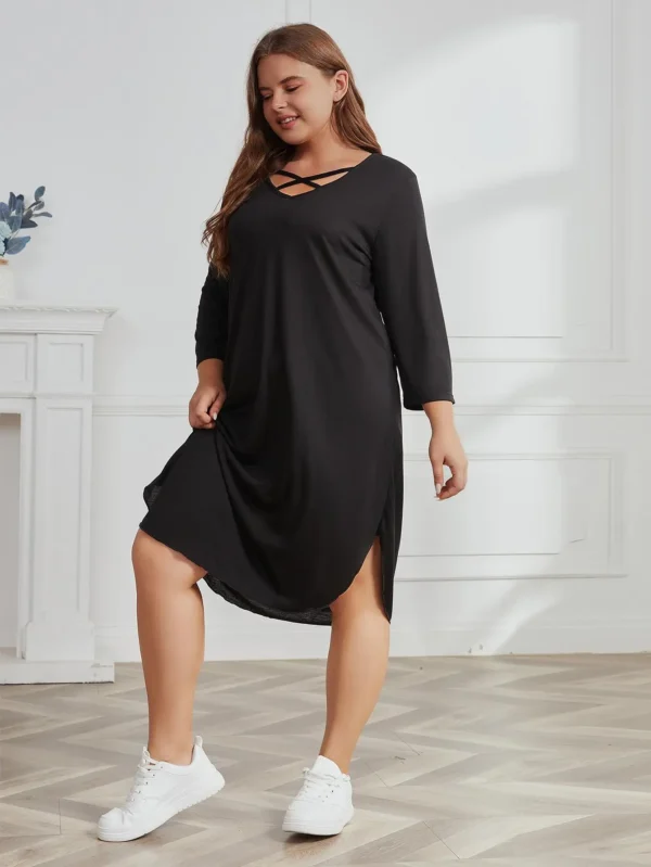 Sweater Dress Plus Size V-Neck Side Split Casual - Image 6