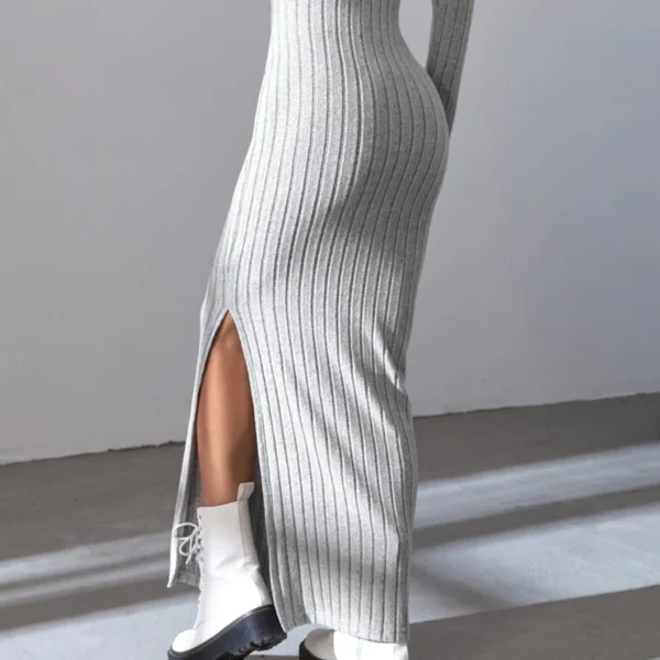 Sweater Dress V-Neck Full Sleeve Split Elastic Body - Image 6