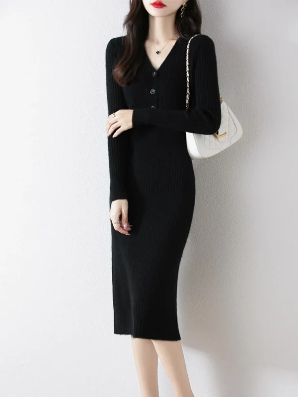 Merino Wool Sweater Dress with V-neck and Buttons - Image 4