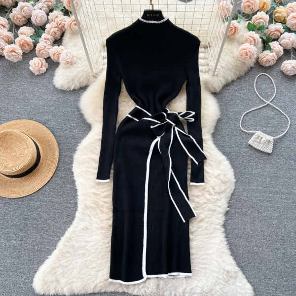 Sweater Dress - Slim Lace-Up Knitted Elegant Style