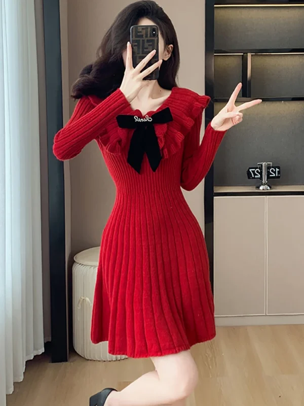 Women Red Knitted Ruffled Bow Doll Collar Elegant Vintage Sweater Dress - Image 2