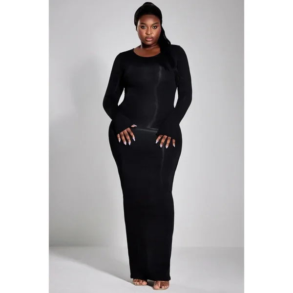 Plus Size Casual Black Knitted Maxi Dress Long Sleeve Slim Fit Dress - Image 3