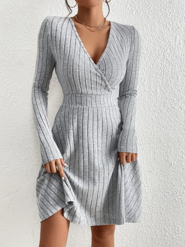 Sweater Dress V-Neck Long Sleeve Slim Bodycon Midi - Image 6