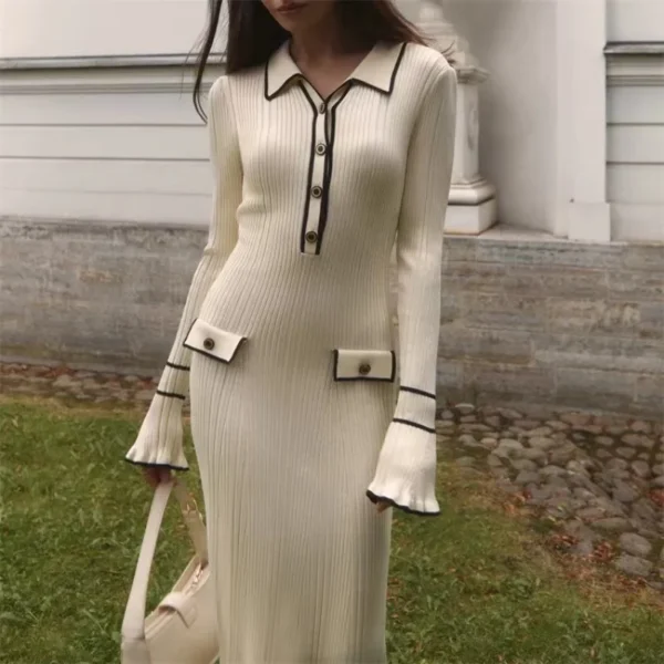 Sweater Dress High Waist Ruffles Turn-Down Collar - Image 2