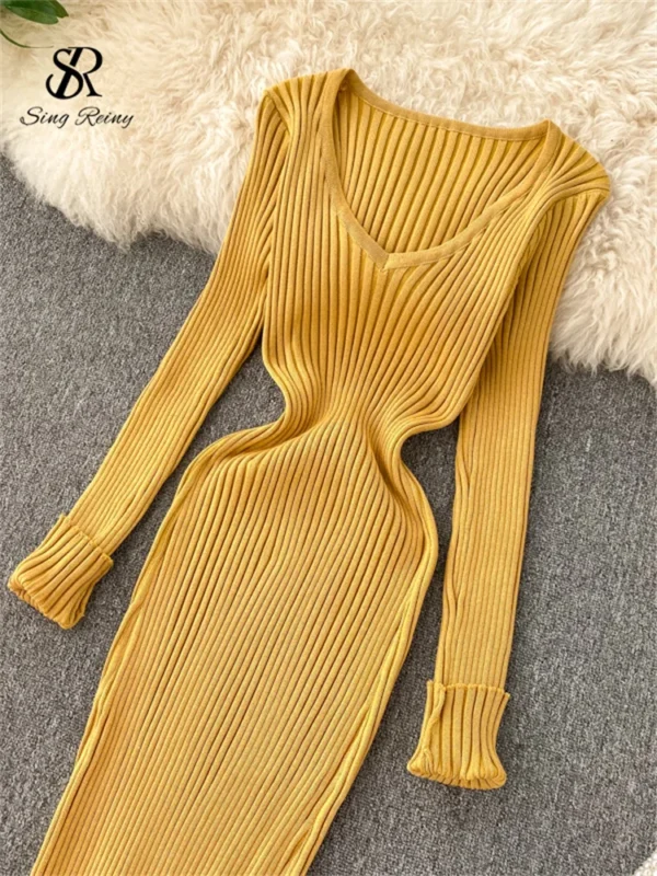 Sweater Dress V Neck Slim Elastic Long Winter Knit - Image 6
