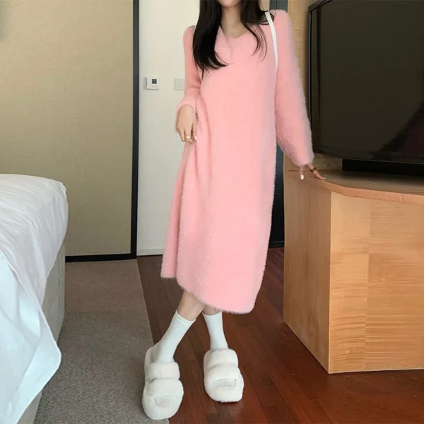 Sweater Dress V-Neck Full Sleeve Casual Warm Women - Image 3