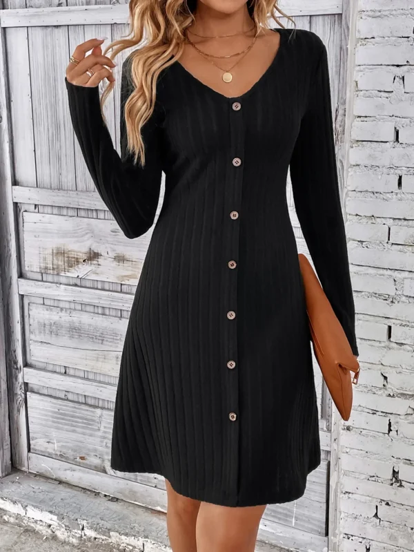Fashion Ribbed Knitted Button Mini A-Line Autumn Streetwear Lady Dress - Image 2