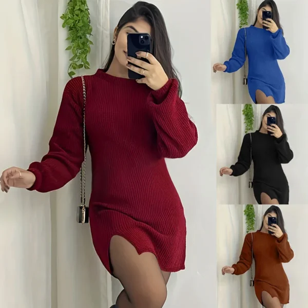 Sweater Dress: O-neck Long Sleeve Mini Dress for Women
