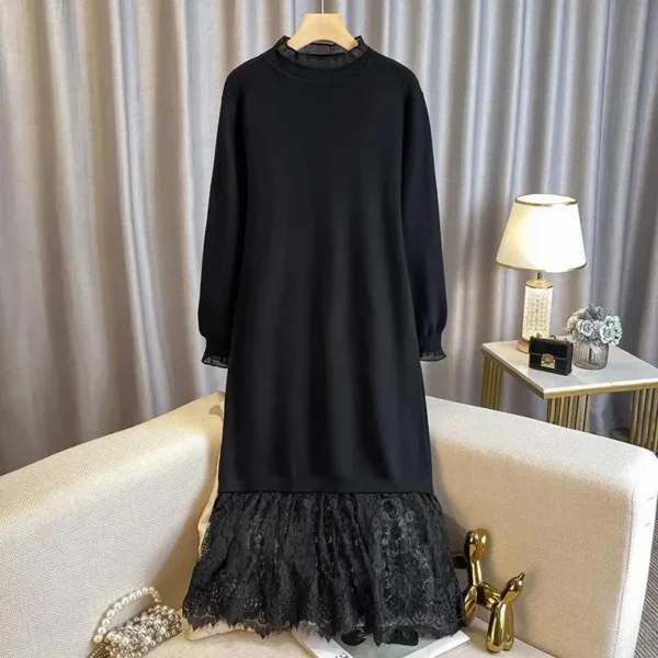Lace Patchwork Knitted Sweater Dress Women Stylish 2024