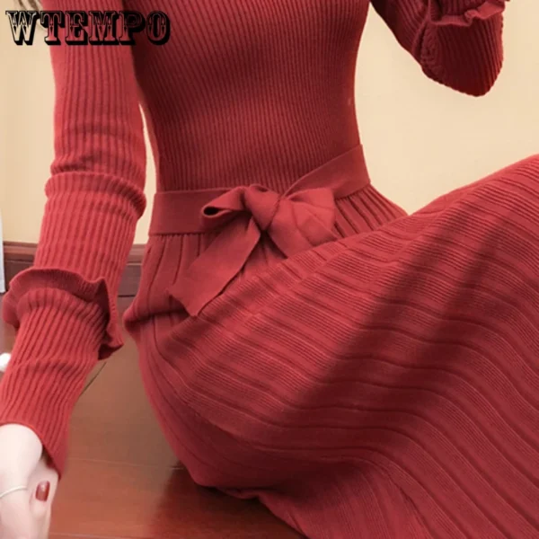 Sweater Dress Slim Belted Long Sleeve Pleated Women - Image 5
