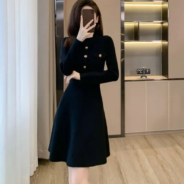 Sweater Dress Black A-Line Long Sleeve Buttons Elegant - Image 6
