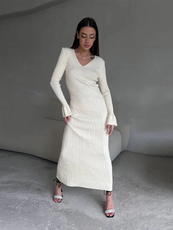 Sweater Dress Slim-Fit Flare Sleeve Women Winter - Image 4