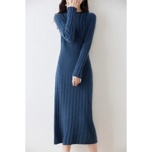 100% Merino Wool Long Sweater Dress Striped Pleated Skirt Pullover