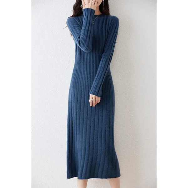 100% Merino Wool Long Sweater Dress Striped Pleated Skirt Pullover