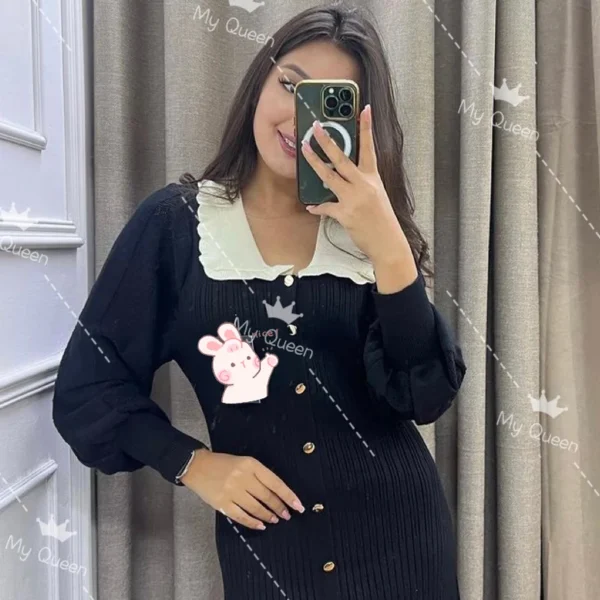 Sweater Dress - Elegant A-Line Knitted Shirt Style - Image 3
