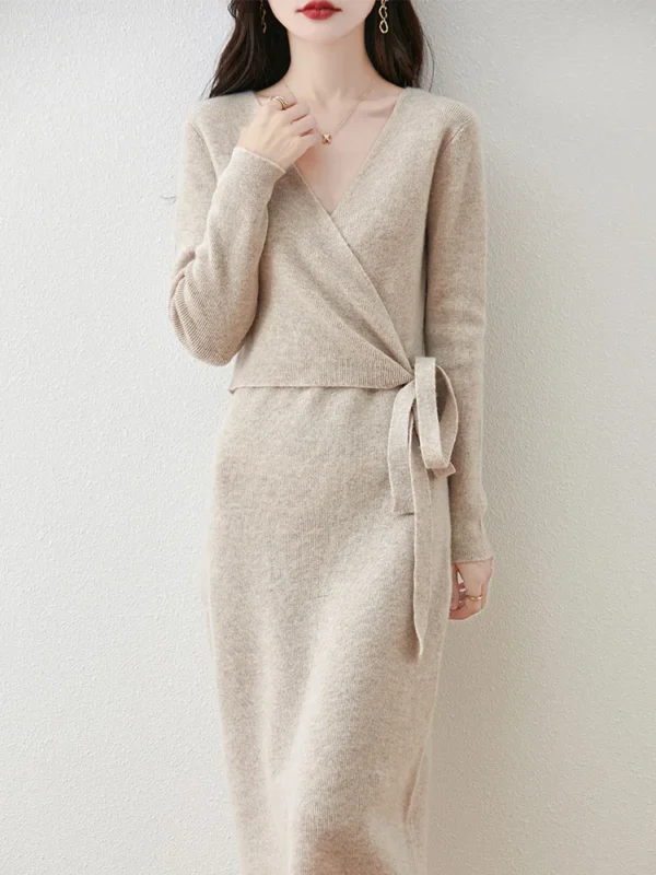 Sweater Dress: V-neck Lace-up Long Sleeve Wool Knit - Image 3