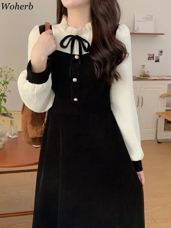 Sweater Dress A-Line Patchwork Long Sleeve Elegant