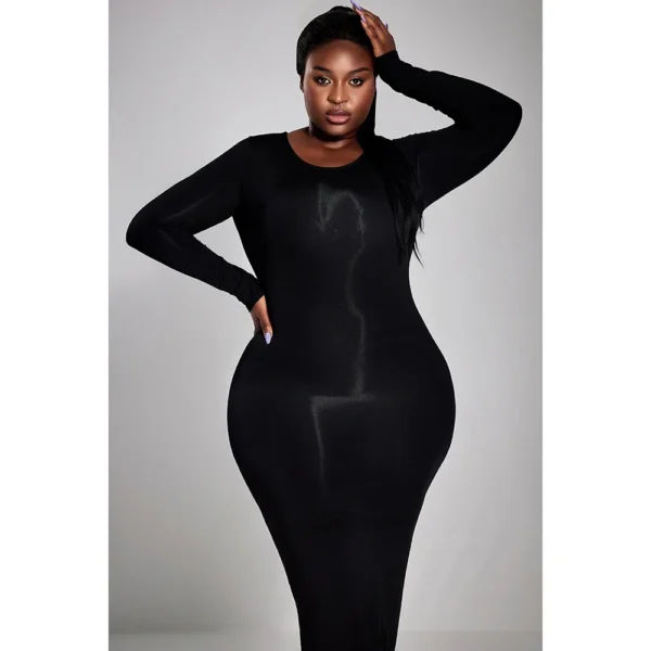 Plus Size Casual Black Knitted Maxi Dress Long Sleeve Slim Fit Dress