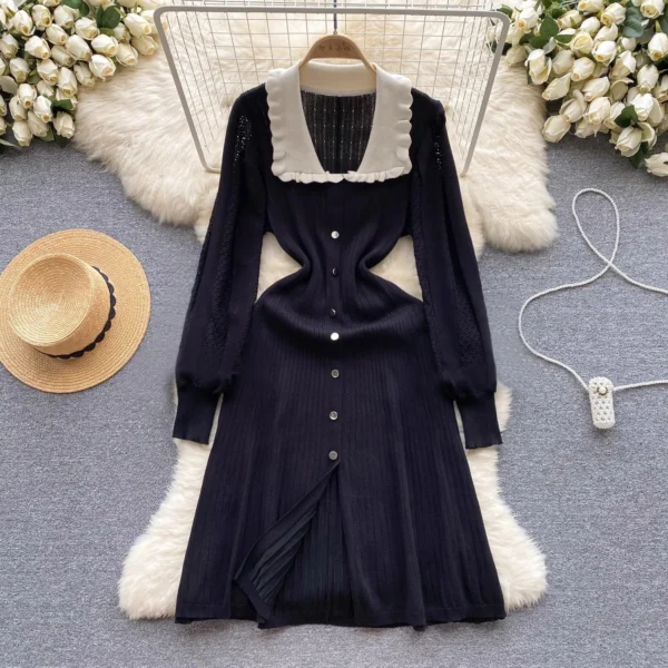 Sweater Dress - Elegant A-Line Knitted Shirt Style