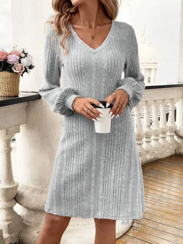 Sweater Dress: V-neck Slim Fit Knee Length - Image 6