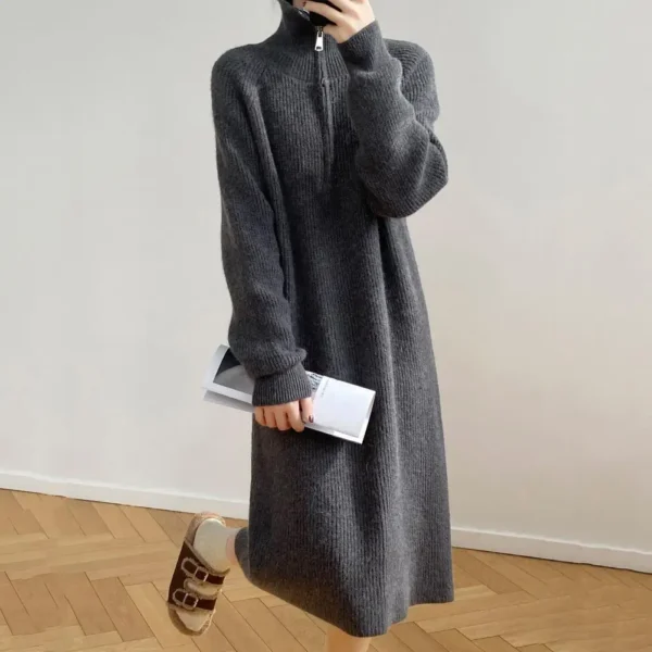 Sweater Dress Knitted Midi with Zippered Collar - Image 4