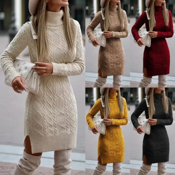 Sweater Dress - High Neck, Slim Fit, Long Sleeve