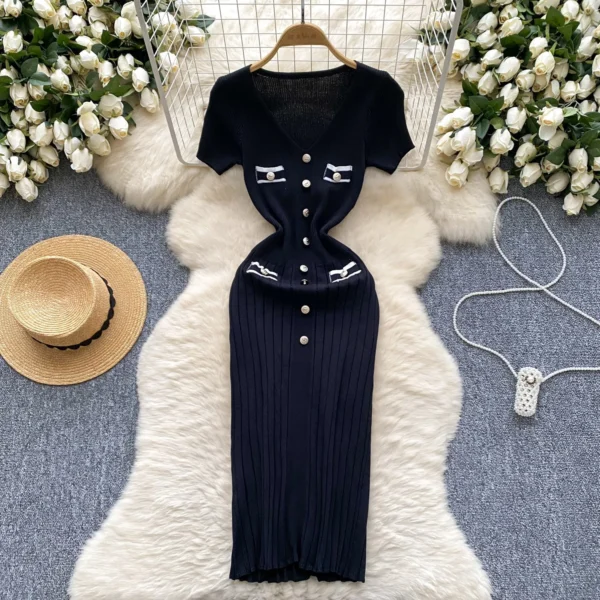 Sweater Dress V-neck, Short Sleeve, Bodycon, Pleated - Image 2
