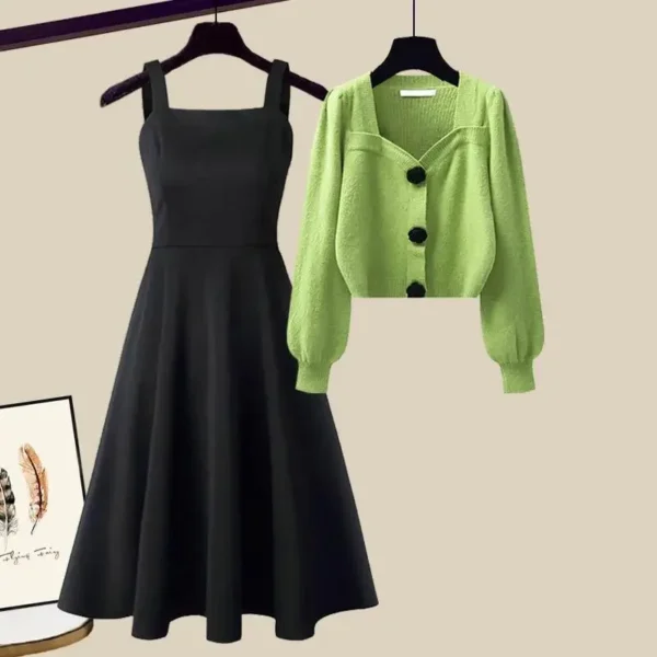 Fashion Spring Knitting Dresses Set With Cardigan For Women - Black - Image 2