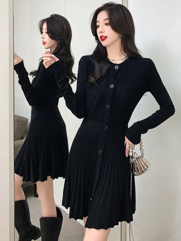 Sweater Dress Elegant Slim Fit Long Sleeve Pleated Skirt - Image 3