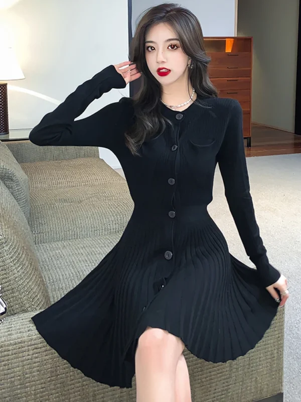 Sweater Dress Elegant Slim Fit Long Sleeve Pleated Skirt - Image 2