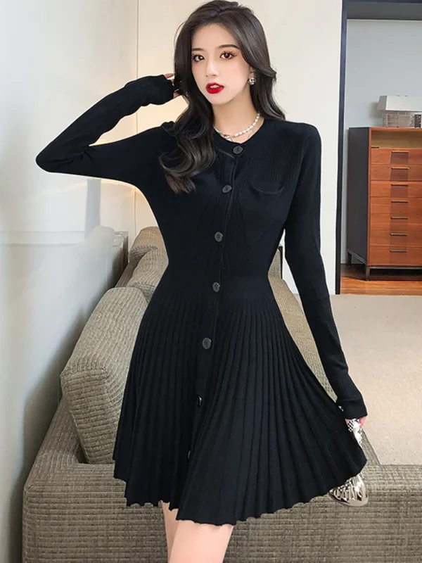 Sweater Dress Elegant Slim Fit Long Sleeve Pleated Skirt