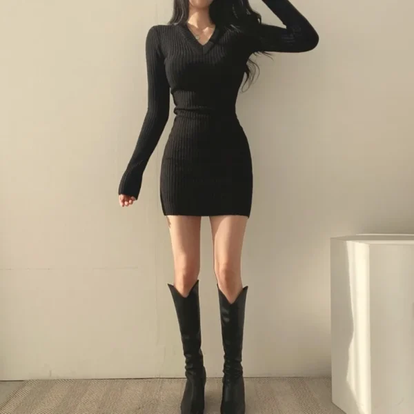 V-Neck Bodycon Sweater Dress for Women - Image 4