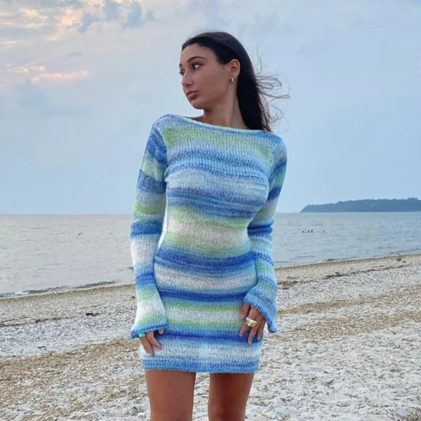 Sweater Dress - Backless, Striped, Long Sleeves