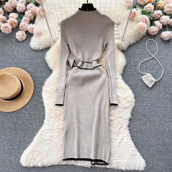 Sweater Dress - Slim Lace-Up Knitted Elegant Style - Image 3