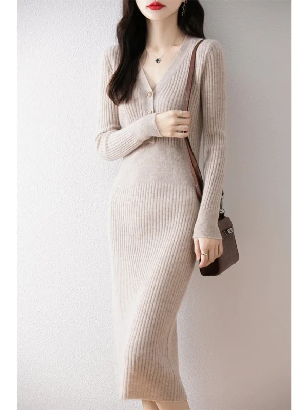 Merino Wool Sweater Dress with V-neck and Buttons - Image 3