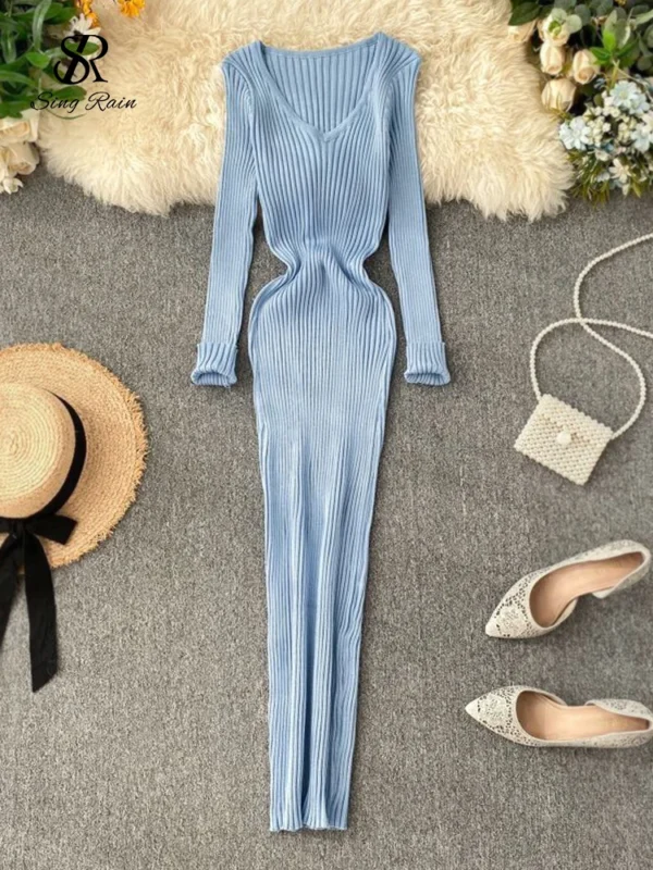 Sweater Dress V Neck Slim Elastic Long Winter Knit