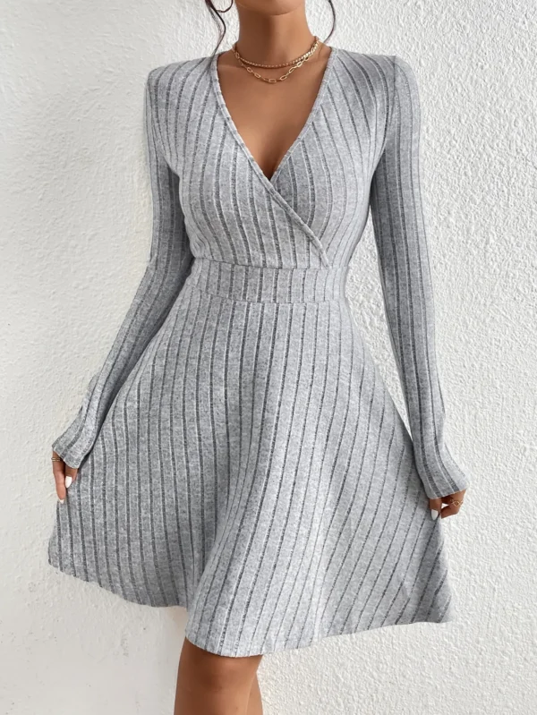 Sweater Dress V-Neck Long Sleeve Slim Bodycon Midi - Image 4