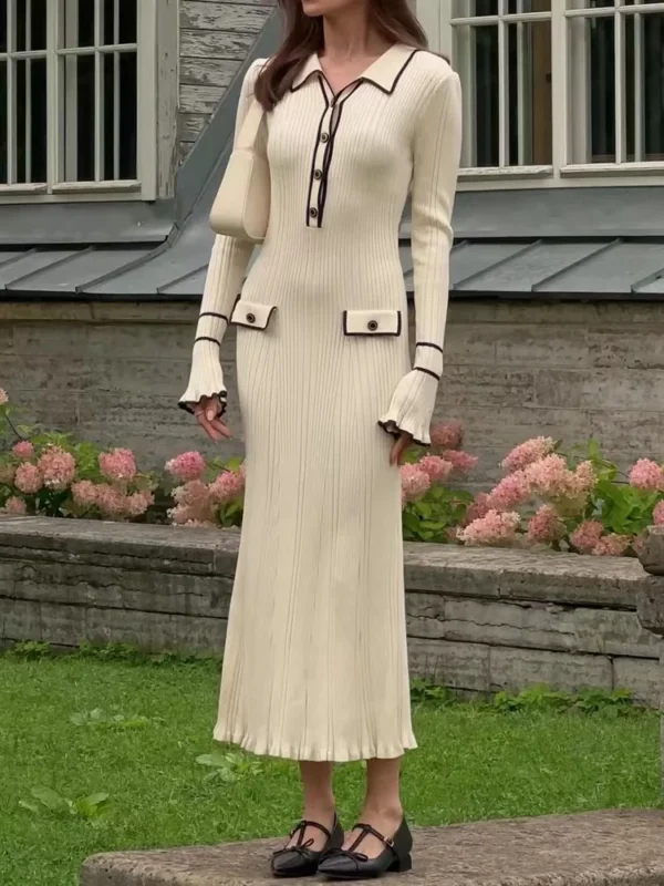 Sweater Dress High Waist Ruffles Turn-Down Collar