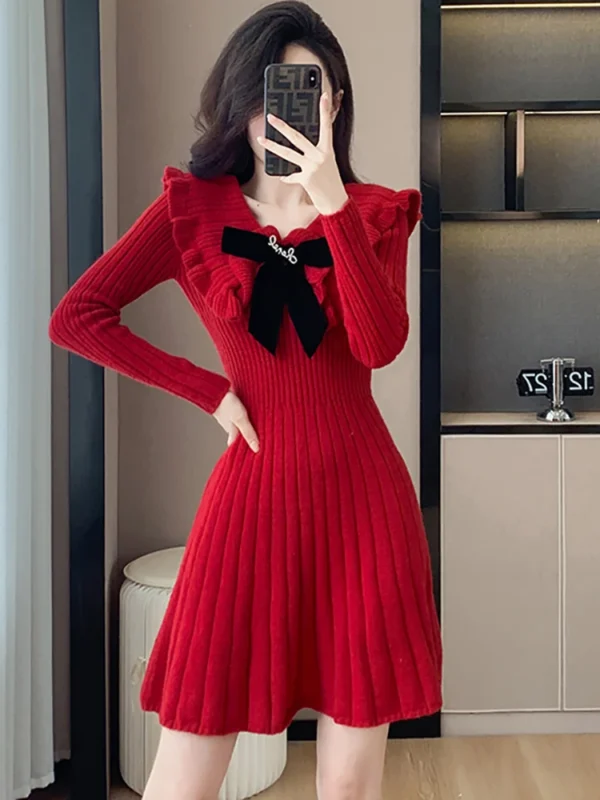 Women Red Knitted Ruffled Bow Doll Collar Elegant Vintage Sweater Dress