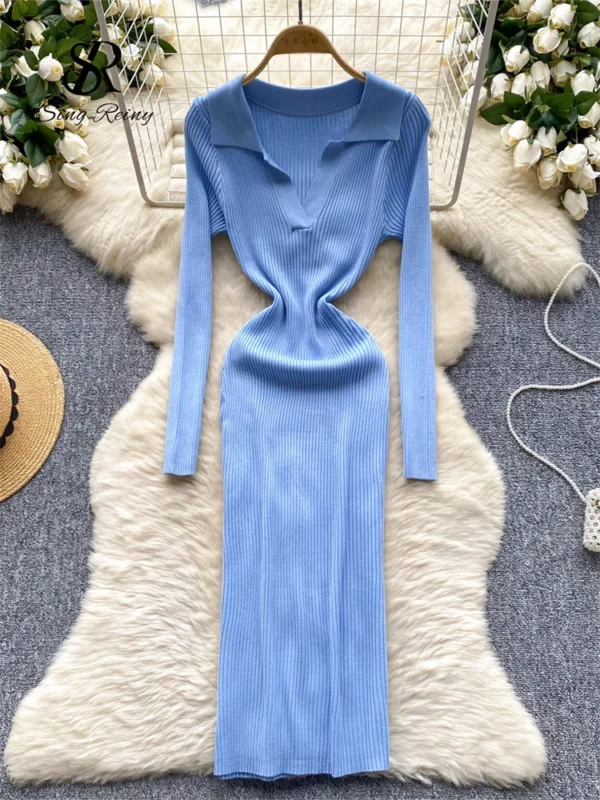 Sweater Dress: French Vintage, Lapel, Bodycon - Image 2