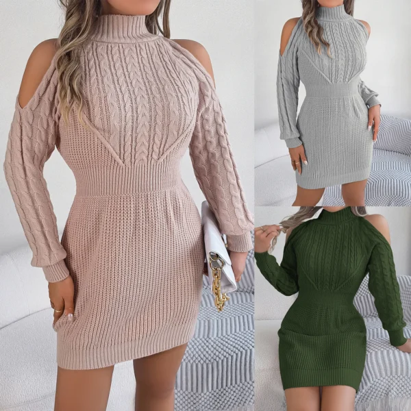 Women’s Sweater Dress, Mock Neck, Cold Shoulder