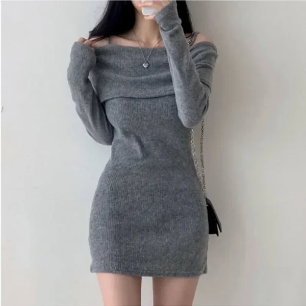 Sweater Dress Off Shoulder Suspender Slim Fit Mini Dress - Image 2